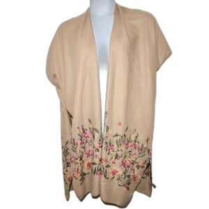 Womens Embroidered Ruana Shawl Vest Open Front Floral Cotton Wrap Boho Romantic